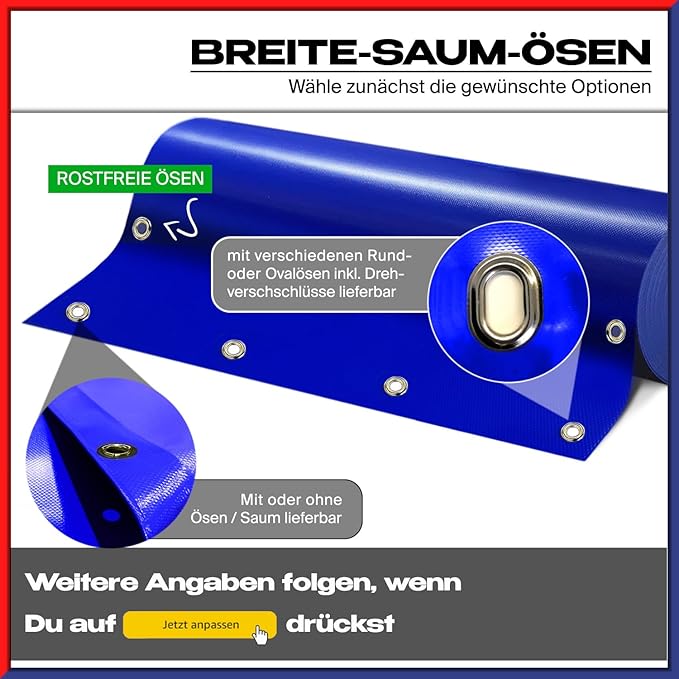 Waterproof Tarpaulin – Heavy-duty Truck Tarpaulin with Eyelets – PVC Fabric, Custom-made to Order / Sold by the Meter (Width: without hemmed or reinforced edges), featuring durable round eyelets. Material available in various sizes below.