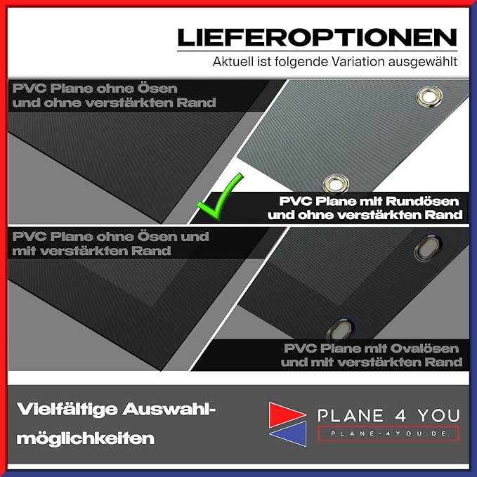 Waterproof Tarpaulin – Heavy-duty Truck Tarpaulin with Eyelets – PVC Fabric, Custom-made to Order / Sold by the Meter (Width: without hemmed or reinforced edges), featuring durable round eyelets. Material available in various sizes below.